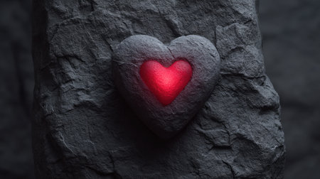 A heart-shaped stone emits a soft red glow, set against a rugged rock surface, creating a striking visual contrast that symbolizes love and emotion.の素材