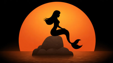 A stunning silhouette of a mermaid perched upon a rock, set against a vivid sunset backdrop. The gentle ocean waves create a serene atmosphere, evoking fantasy and tranquility.の素材