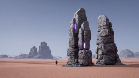 Explore a stunning futuristic landscape featuring towering rock formations illuminated by purple lights. A lone hiker traverses the arid desert, capturing a sense of adventure and solitude in this surreal environment.の素材