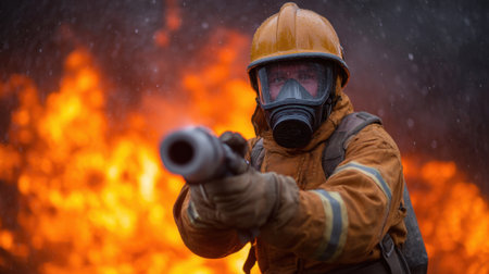 A courageous firefighter stands poised with a water hose, facing a vivid wall of flames. The scene captures action, intensity, and the daring spirit of fire safety in challenging environments.の素材