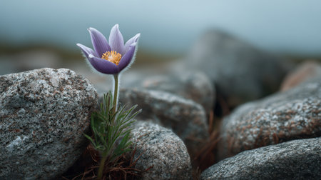 A striking purple flower rises through a cluster of stones, showcasing resilience and beauty in a serene natural setting, illustrating the harmony of life and nature.の素材