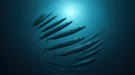 This stunning underwater scene captures a group of barracuda swimming gracefully through clear blue ocean waters, illuminated by sunlight.の素材