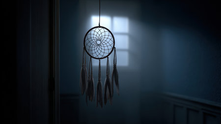 A mesmerizing image capturing a dreamcatcher softly illuminated by blue light, evoking a sense of calm and mystery in a tranquil indoor setting.の素材