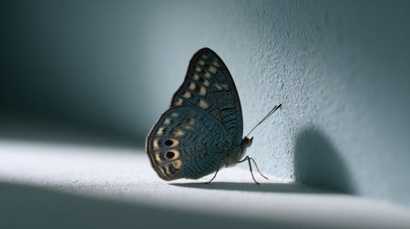 A captivating close-up of a butterfly resting on a wall, highlighting its delicate wings and intricate patterns, bathed in soft light for artistic inspiration.の素材