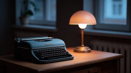 A vintage typewriter sits elegantly on a wooden table beside a softly glowing lamp, creating a warm and inviting atmosphere perfect for creativity and inspiration.の素材