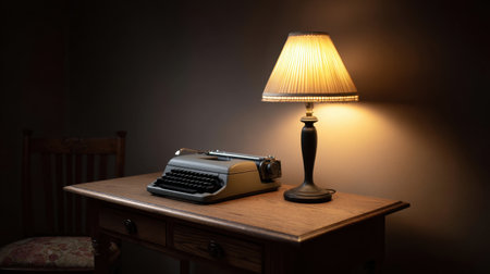 A vintage typewriter sits on a wooden table beside a stylish lamp, creating a warm, inviting atmosphere perfect for writing and reflection.の素材