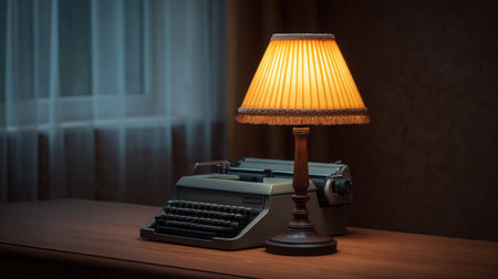 This image showcases a vintage typewriter beside a beautifully designed lamp, illuminating a cozy interior space. The warm light creates a nostalgic and inviting atmosphere, perfect for inspiring creativity and reflection.の素材