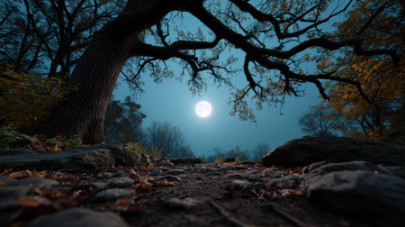 A captivating night scene featuring a silhouetted tree against a bright full moon, surrounded by mist and autumn foliage, creating a serene, atmospheric landscape.の素材