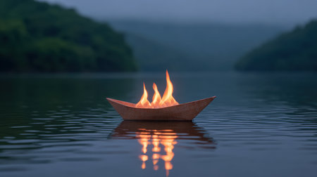 A floating wooden boat carries flickering flames on serene water, reflecting a tranquil landscape. Lush green hills frame this peaceful evening scene, evoking harmony.の素材