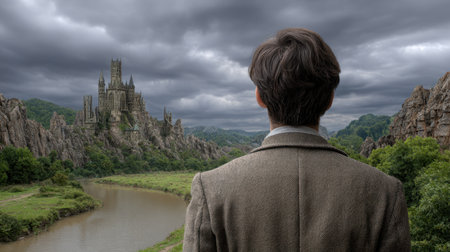 A lone man gazes at an enchanting medieval castle nestled against a backdrop of moody clouds and a serene river, evoking a sense of adventure and wonder.の素材