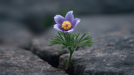 A stunning close-up of a delicate purple flower growing through a rocky surface, showcasing nature's resilience and beauty against adversity.の素材
