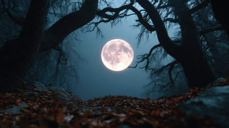 A hauntingly beautiful scene of a full moon lit mist enveloping a mystical forest, where twisted trees reach towards the sky, creating an atmosphere of serenity.の素材