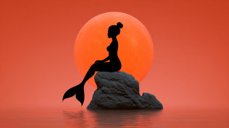 A captivating silhouette of a mermaid perched on a rocky outcrop as the sun sets, casting an orange glow over the tranquil waters, evoking a sense of fantasy.の素材