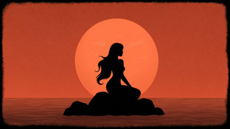 This stunning silhouette illustration features a mermaid sitting gracefully on a rock, framed by a vibrant sunset. The warm colors create a serene ambiance perfect for fantasy themes.の素材