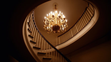 A stunning view of an elegant spiral staircase adorned with a vintage chandelier. The warm lighting creates a welcoming and luxurious ambiance perfect for interior aesthetics.の素材