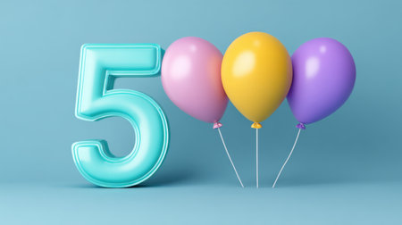 This vibrant image showcases the number five accompanied by colorful balloons against a soft blue background, perfect for celebrations and festive occasions.の素材