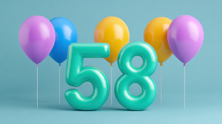 A vibrant scene featuring the number 58 in turquoise accompanied by colorful balloons against a soft blue background, perfect for birthday celebrations.の素材