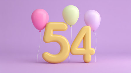 A vibrant and cheerful number 54 surrounded by colorful balloons on a soft purple background, perfect for birthday and celebration themes.の素材