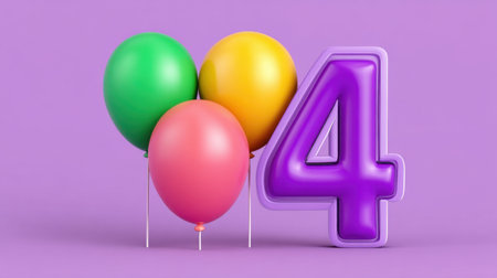 A vibrant and playful composition featuring colorful balloons with a large number four against a stylish purple background, perfect for celebrations.の素材