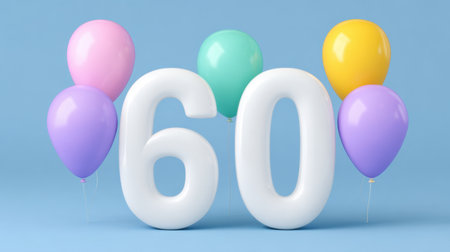 A vibrant and playful depiction of the number 60 surrounded by colorful balloons, representing a joyful celebration atmosphere for milestone birthdays.の素材