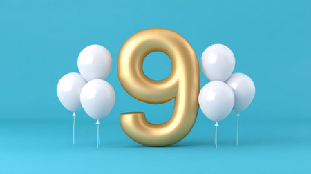 This vibrant image features a golden number nine surrounded by white balloons against a bright blue background, perfect for party decorations and celebrations.の素材