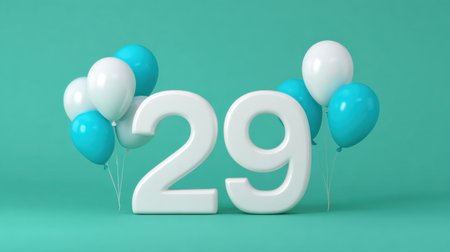 A fun and vibrant representation of a 29th birthday celebration, featuring the bold number 29 surrounded by cheerful balloons against a soothing teal backdrop.の素材