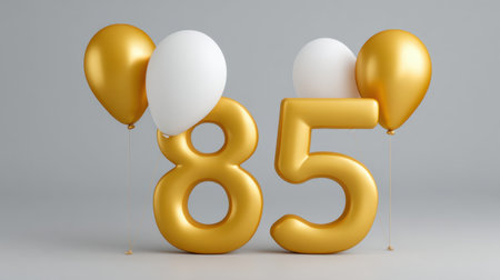 This vibrant image features a shiny gold number 85 flanked by white and gold balloons, perfect for celebrations, events, and anniversaries.の素材