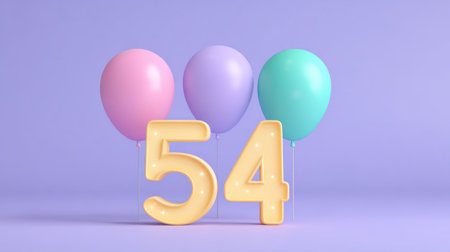 A vibrant and whimsical representation of the number fifty-four surrounded by colorful balloons, perfect for birthday celebrations and joyful events.の素材