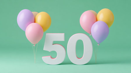 This vibrant image showcases a large white number 50 surrounded by soft pastel balloons on a mint green background, ideal for milestone celebrations.の素材