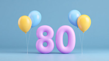 A vibrant scene featuring the number 80 surrounded by colorful balloons, representing a joyful milestone birthday celebration with cheerful decorations.の素材