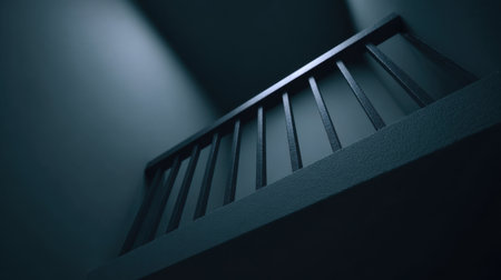 A captivating view of a dark staircase, showcasing a minimalist design with sharp angles and nuanced shadows, creating a serene and dramatic atmosphere.の素材
