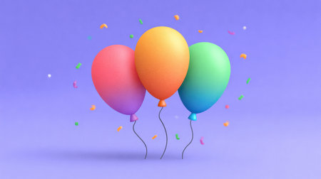 Bright and cheerful balloons in vibrant colors float against a soft purple background, perfect for any celebration or party theme. Ideal for festive decorations.の素材