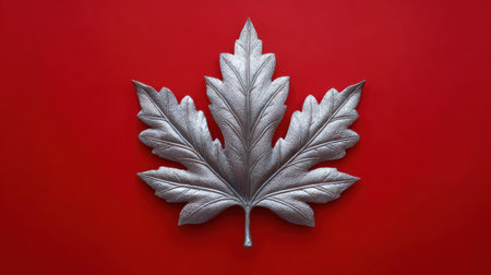 This stunning image features a metallic silver leaf design set against a bold red background, perfect for artistic projects and modern decor.の素材