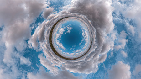 Stunning panoramic view of swirling clouds in a circular pattern against a bright blue sky. This artistic image captures the beauty of nature and tranquility.の素材