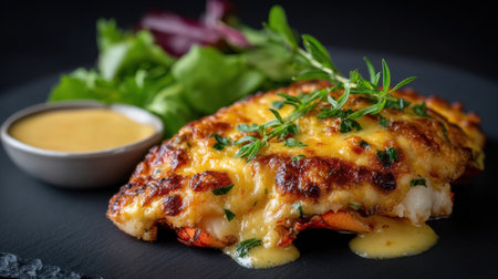 A beautifully baked fish fillet topped with a golden layer of cheese and fresh herbs, served alongside a crisp salad and a flavorful sauce. Perfect for gourmet dining.の素材