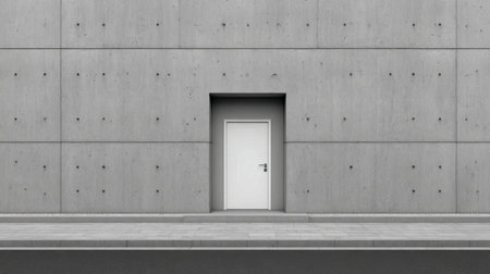 A striking image showcasing a minimalist white door against a textured grey concrete wall. The simple street paving complements the modern architectural design, creating a sense of solitude and tranquility.の素材