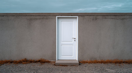 A striking white door stands against a gray concrete wall, surrounded by dry grass and a cloudy sky, symbolizing potential and solitude.の素材
