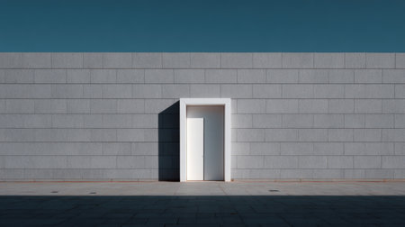 A striking image showcasing a white door set against a grey wall under a clear blue sky, embodying modern minimalist design and tranquility.の素材