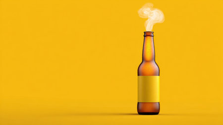This image features an amber glass bottle with a vibrant yellow label, emitting steam against a bright yellow background, perfect for beverage marketing.の素材