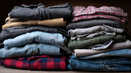A visually appealing stack of neatly folded casual clothing showcasing a variety of fabrics and colors against a simple background, perfect for display.の素材