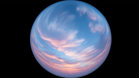 An artistic depiction of a planetary sphere showcasing vibrant clouds and sky colors at dusk. Captures the essence of cosmic beauty and tranquility.の素材