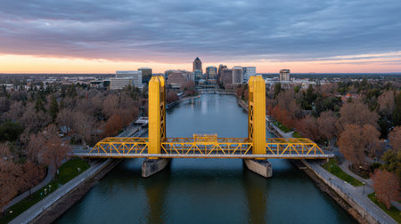 A stunning aerial view captures a vibrant yellow bridge spanning a tranquil river, framed by a beautiful city skyline under a colorful sunset.の素材