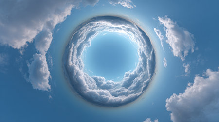 Experience a breathtaking view of a circular sky filled with bright blue hues and soft fluffy clouds, capturing the essence of tranquility and beauty in nature.の素材