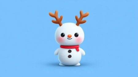 A delightful cartoon snowman with charming antlers and a bright blue background, perfect for holiday and winter themes, evoking joy and celebration.の素材