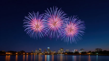Enjoy a stunning display of colorful fireworks lighting up the night sky over a city skyline. This image captures a celebratory moment full of joy and excitement, with reflections shimmering on the water. Perfect for showcasing festive events and urban celebrations.の素材