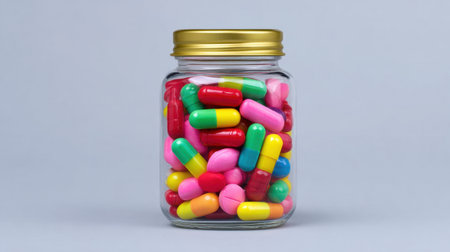 Brightly colored capsules and pills filling a glass jar, representing health, wellness, and modern pharmaceutical themes for use in medical and lifestyle content.の素材