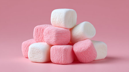 A delightful arrangement of fluffy pink and white marshmallows stacked on a soft pastel pink background, perfect for sweet treats and desserts.の素材