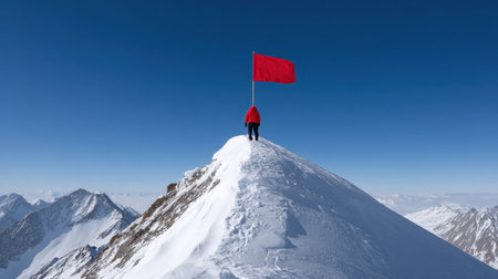 A solitary figure stands triumphantly on a snow-covered mountain peak, holding a bright red flag against a stunning blue sky, symbolizing adventure.の素材