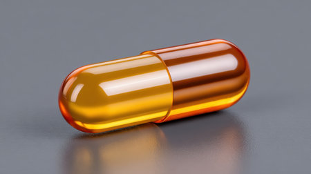 A vibrant amber gelatin capsule rests on a smooth gray surface, showcasing its glossy texture and sleek design, perfect for health-related visuals.の素材