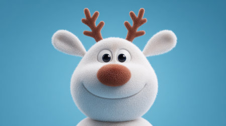 This adorable cartoon reindeer features a fluffy texture, big smile, and playful antlers set against a bright blue background, ideal for holiday designs.の素材